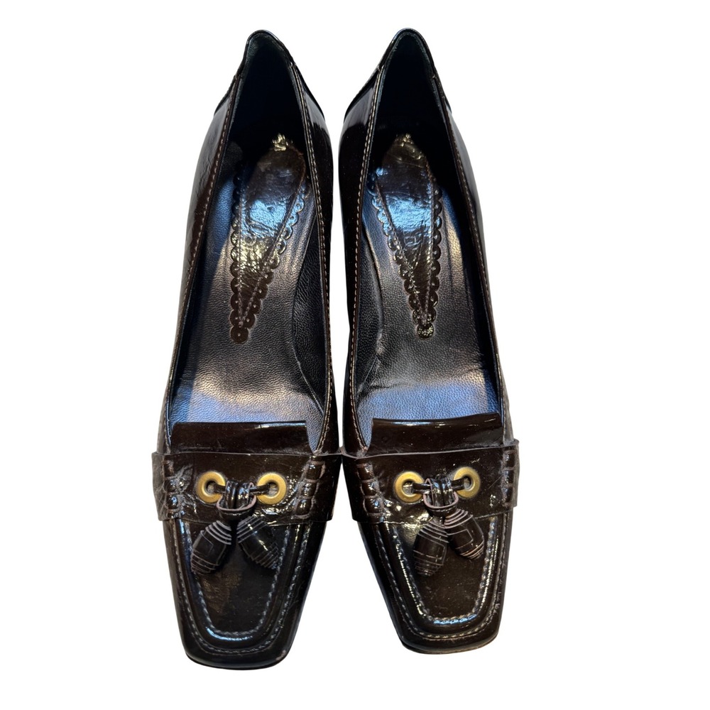 Baldi Italy Dark Brown Patent Leather Tassel Loafer Pumps Square Toe Heels 37.5‎